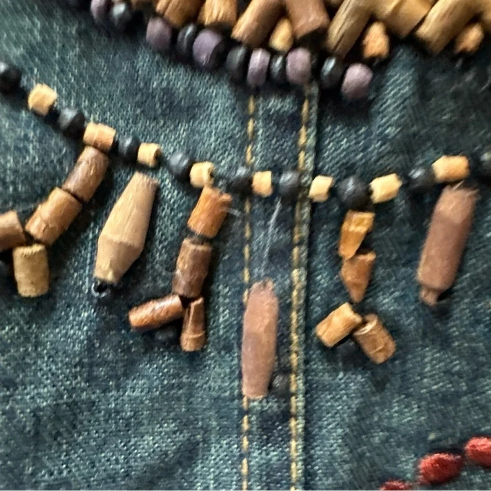 Vintage Chicos Design Blue Denim Jean Jacket Beading Embroidery Sz 1